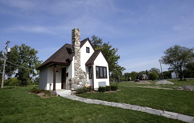 A 300-square-foot Tudor-style house is the first unit of Cass Community Social Services' Tiny Homes project.