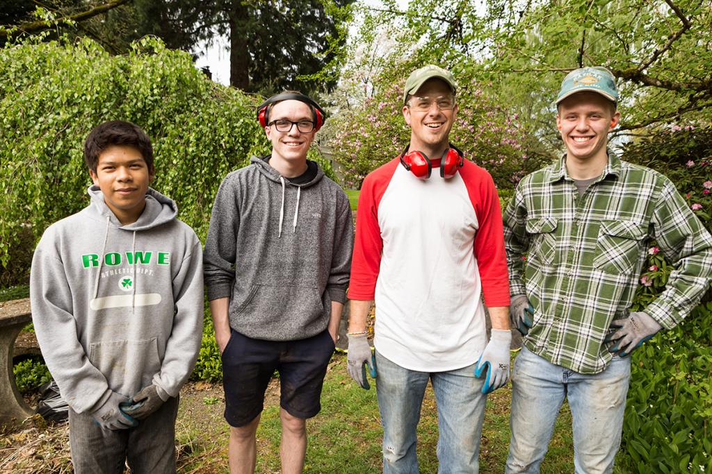 Bryant Flores, Ethyn McLaughlin, Matt Overton and Brent Soles take a break on the job site.