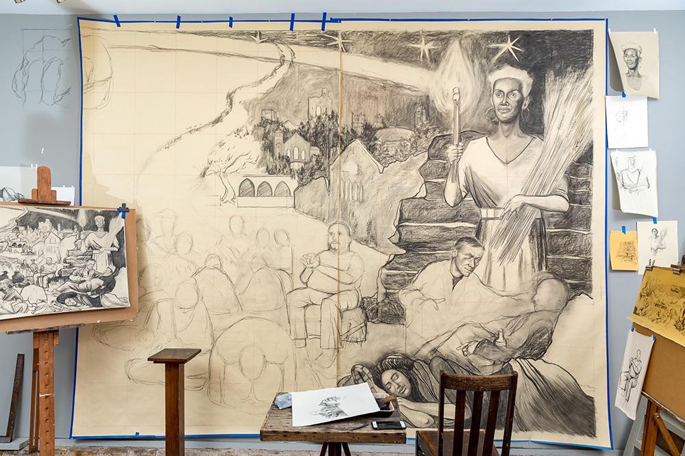 A section of the fresco during the cartoon phase of the project. The preliminary sketches are used to create the cartoon, which is a full-scale drawing of the fresco.