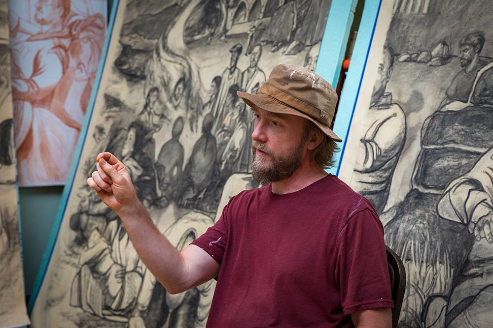 Artist John Dempsey discusses the fresco process at a talk at Haywood Street Congregation.