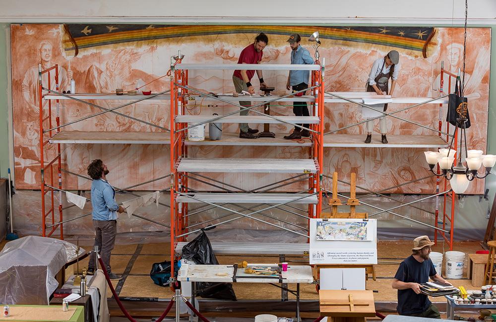 Anselme Long, Christopher Holt, Caleb Clark, Jill Hooper and John Dempsey begin the painting phase.