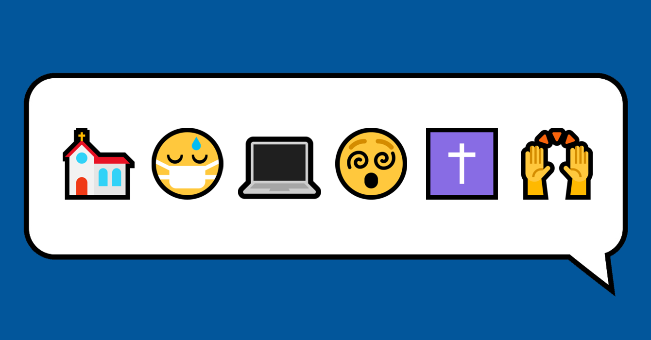 emoji symbols of church, face masks, laptop, stress, cross, and praise hands
