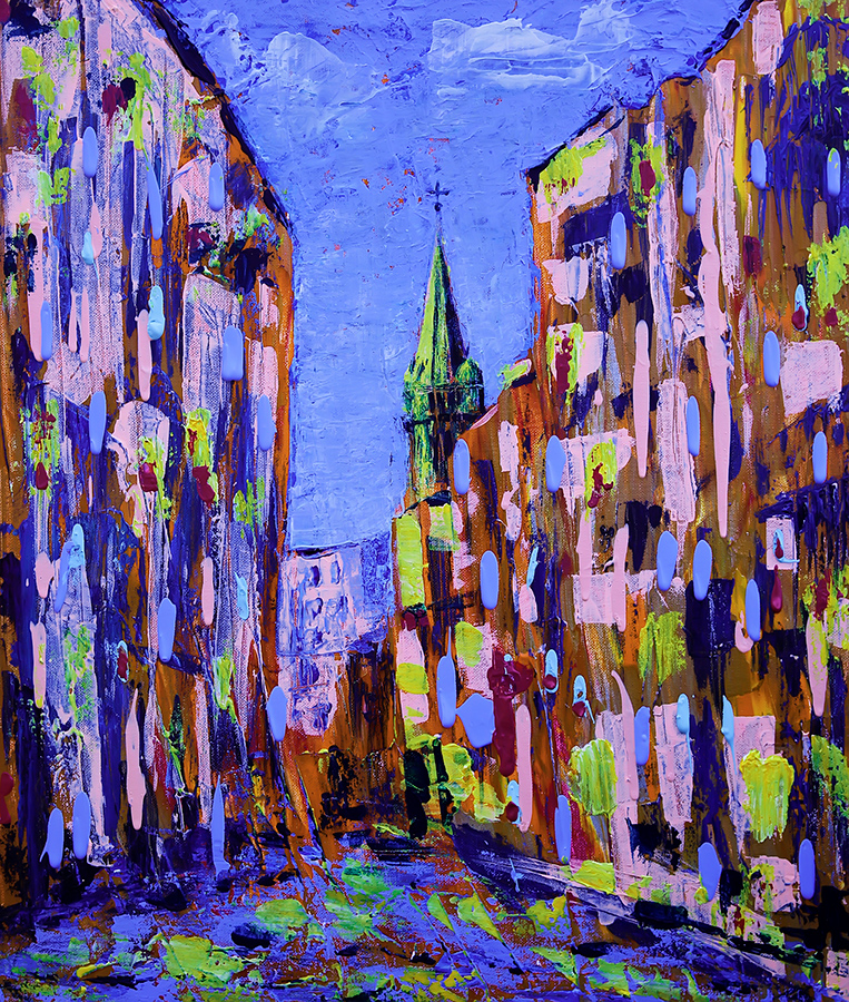 abstract alley with church steeple in view
