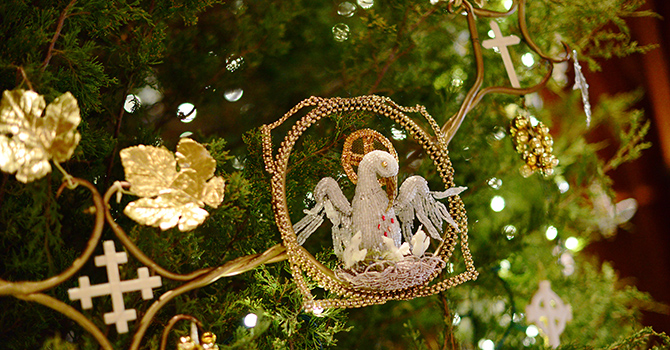 Chrismon ornaments on a Christmas tree
