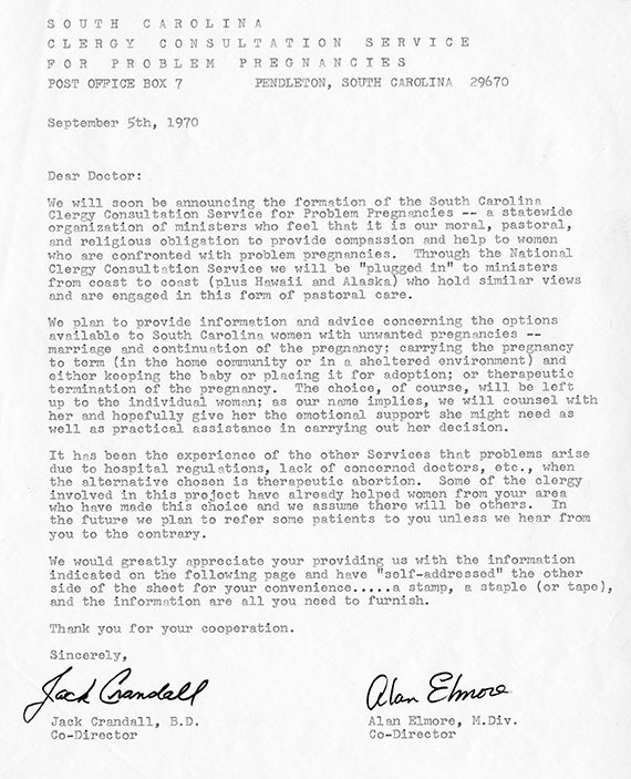 Letter from 1970 announcing the formation of the South Carolina Clergy Consultation Service for Problem Pregnancies