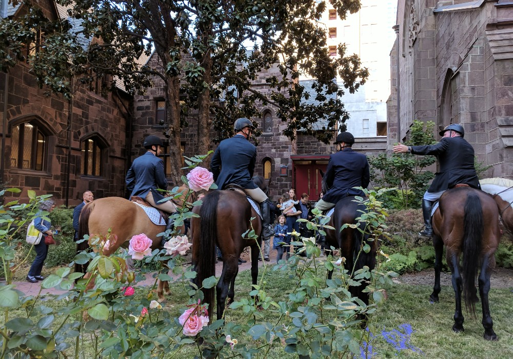 Image of a group of horses in a church courtyard