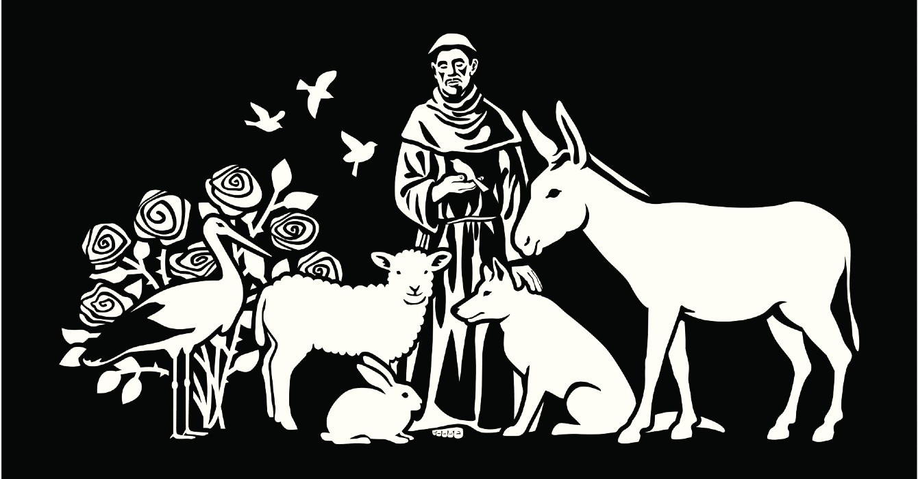 Wood block print of St. Francis surrounded by animals