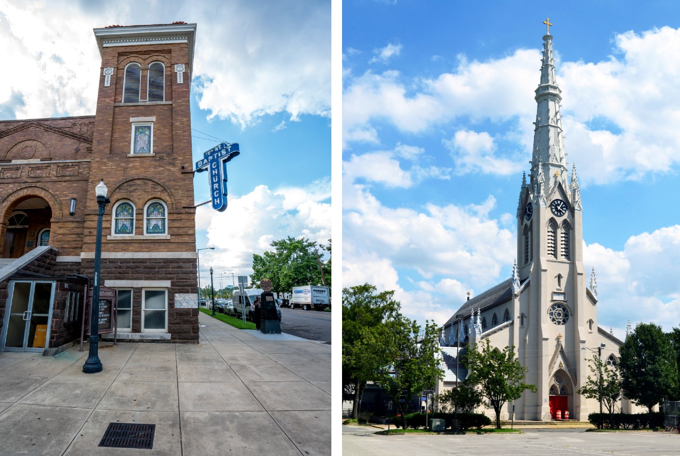 Two images side by side, one of a brick church steeple, one of a white basilica