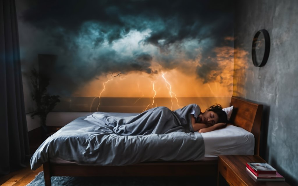 concept of a woman trying to sleep troubled by a lightning storm feeling