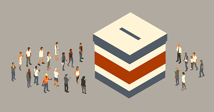 Illustration of people standing around a giant election box