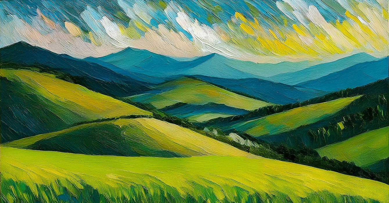 painting of rolling green hills