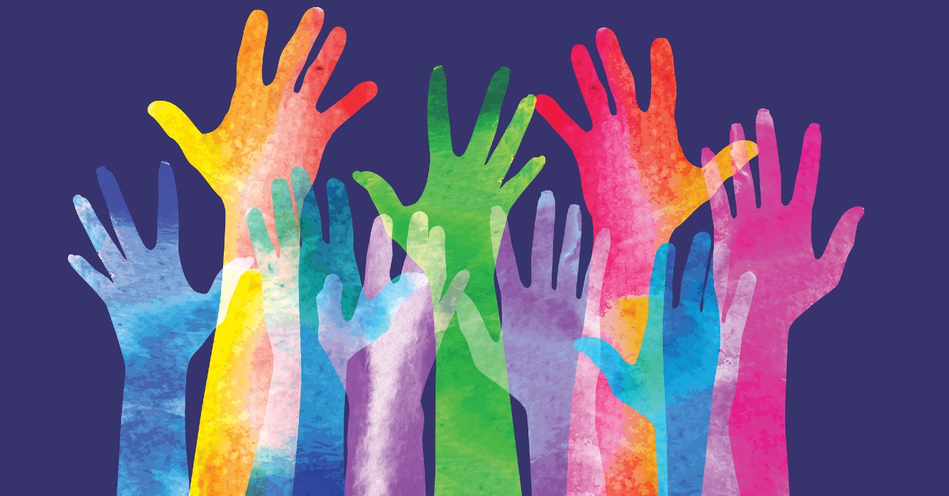 Graphic of multicolor hands reach out