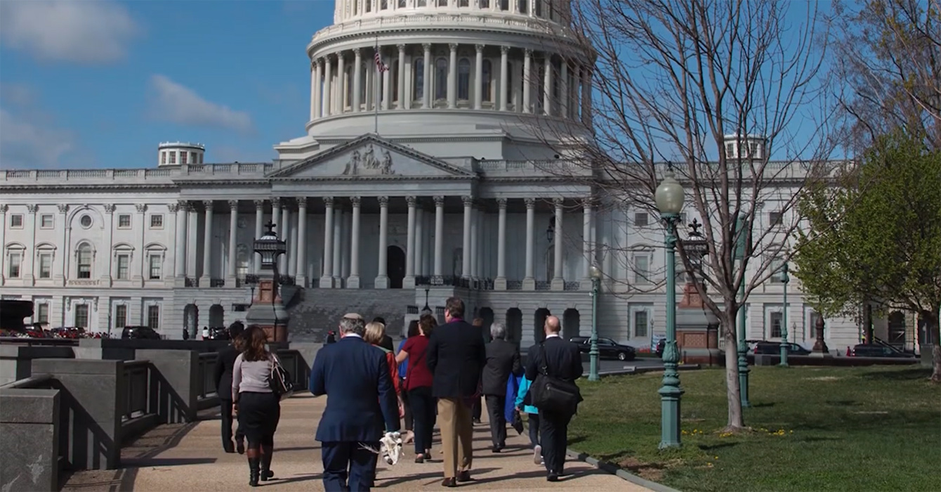 A group of people walking toward the U.S. Capitol building