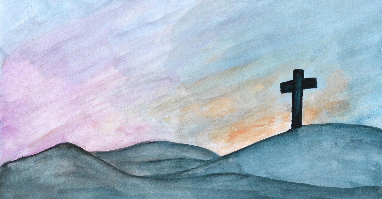Watercolor image of a cross on a hill with the sunrising in the background