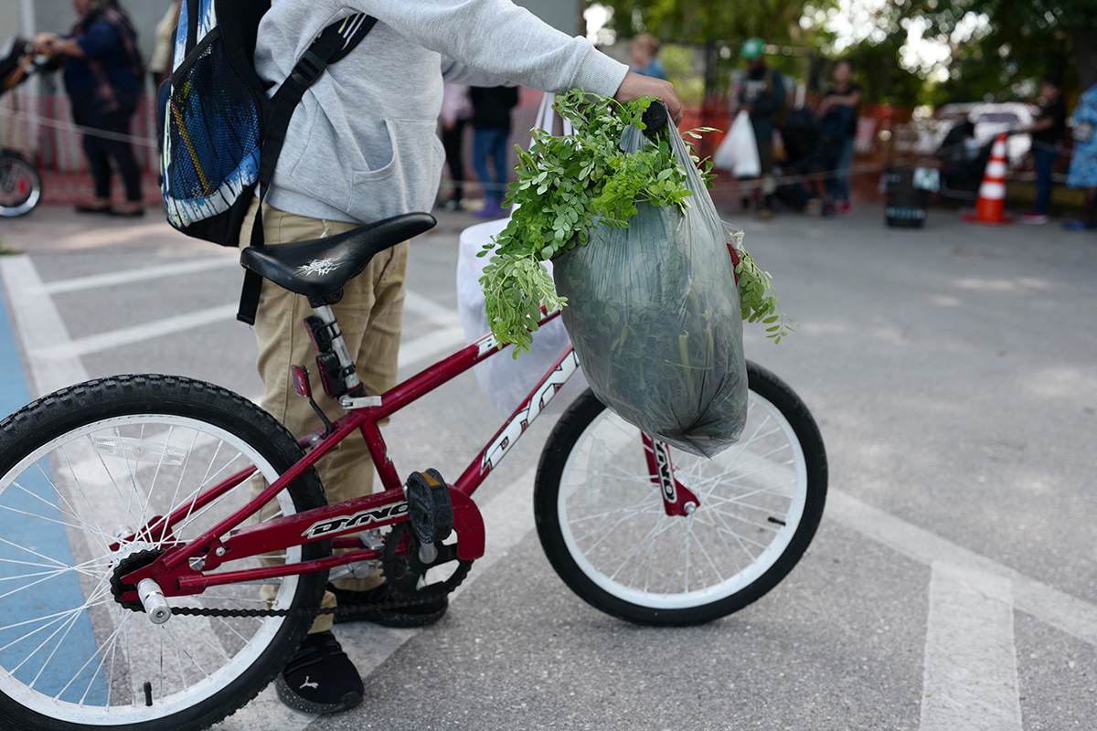 A man with a bicycle carries a bag of produce