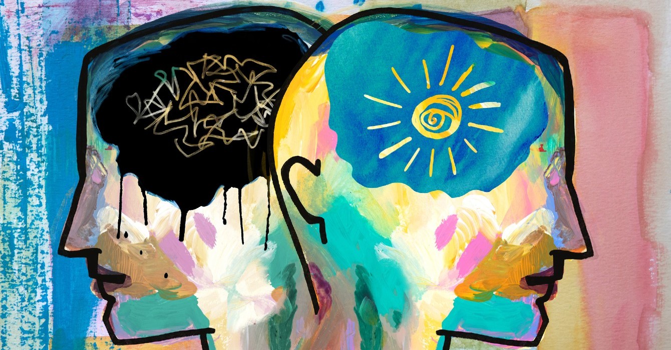 A drawing of two people in profile. In one, the brain is depicted as sunny and bright, the other is dark colored with a tangled threads.