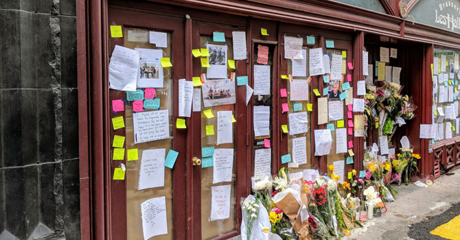 Spontaneous memorial for Anthony Bourdain outside New York City restaurant