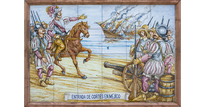 BADAJOZ SPAIN: Glazed tiles with America conquest scenes. Hernan Cortes burning the ships Spain