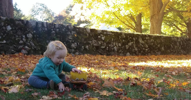 Little girl playing in autumn leaves