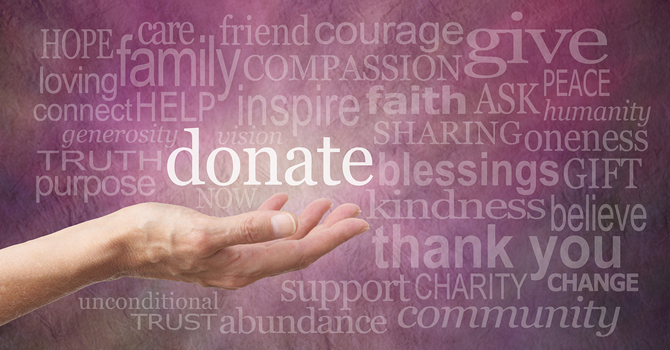 The word "donate" above an outstretched hand, surrounded by other words such as hope, give, blessings, faith