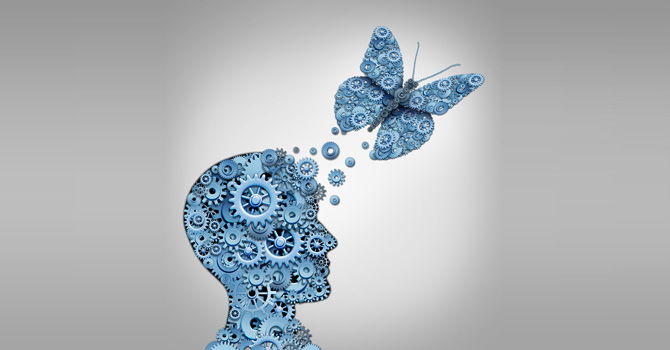 Illustration of a person's head and a butterfly made out of gears