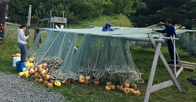 group of young people mending nets